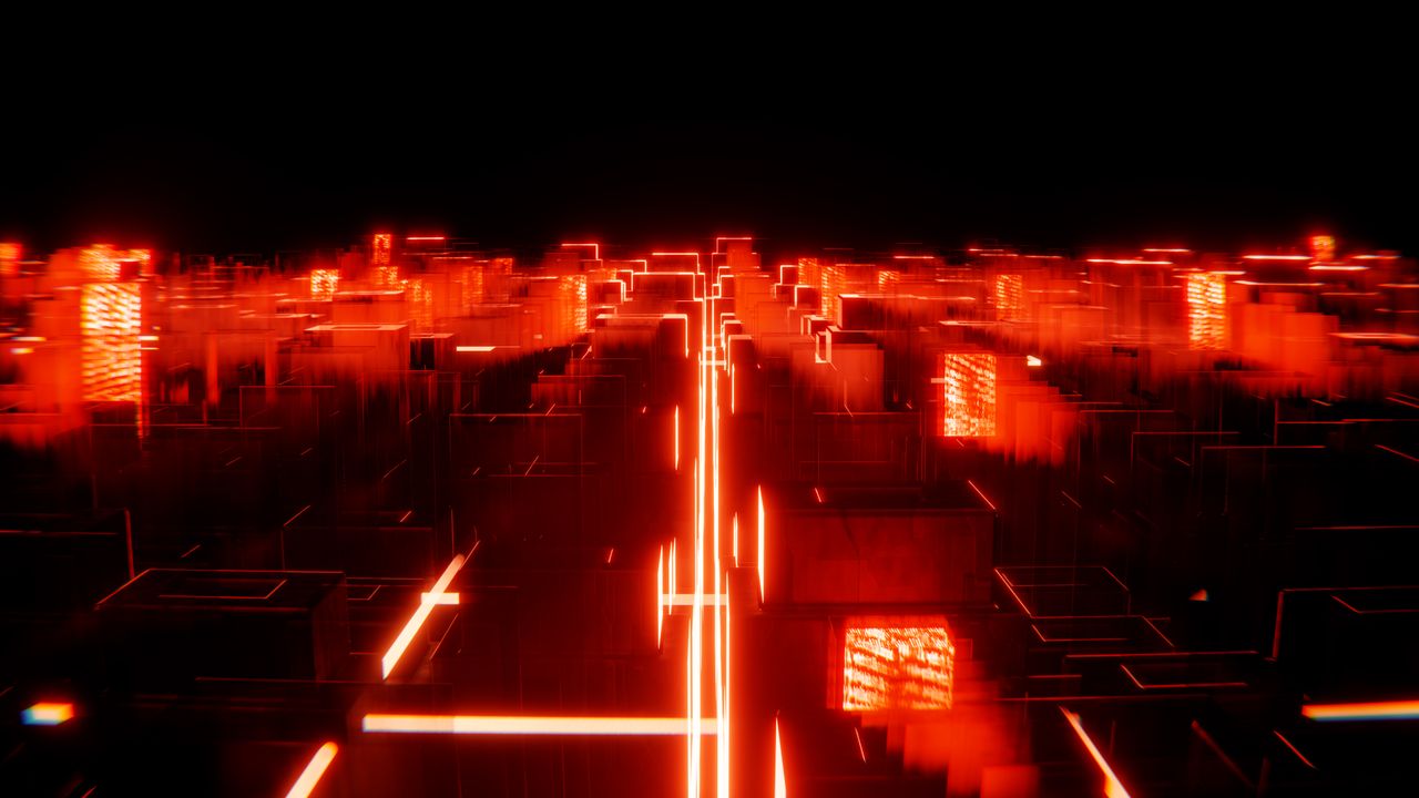 A vibrant abstract cityscape of neon red lights, creating a futuristic urban skyline.